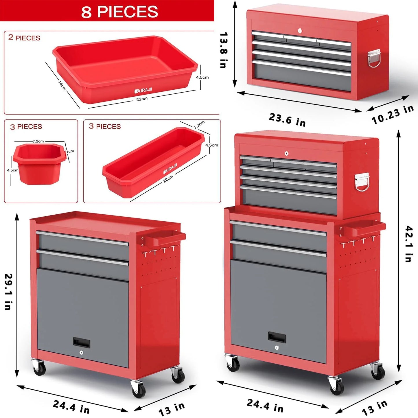 AIRAJ 8-Drawer Industrial Tool Chest | Heavy-Duty Rolling Tool Cabinet with Locking Wheels & Removable Lid | Workshop Organizer with Hooks/Liners