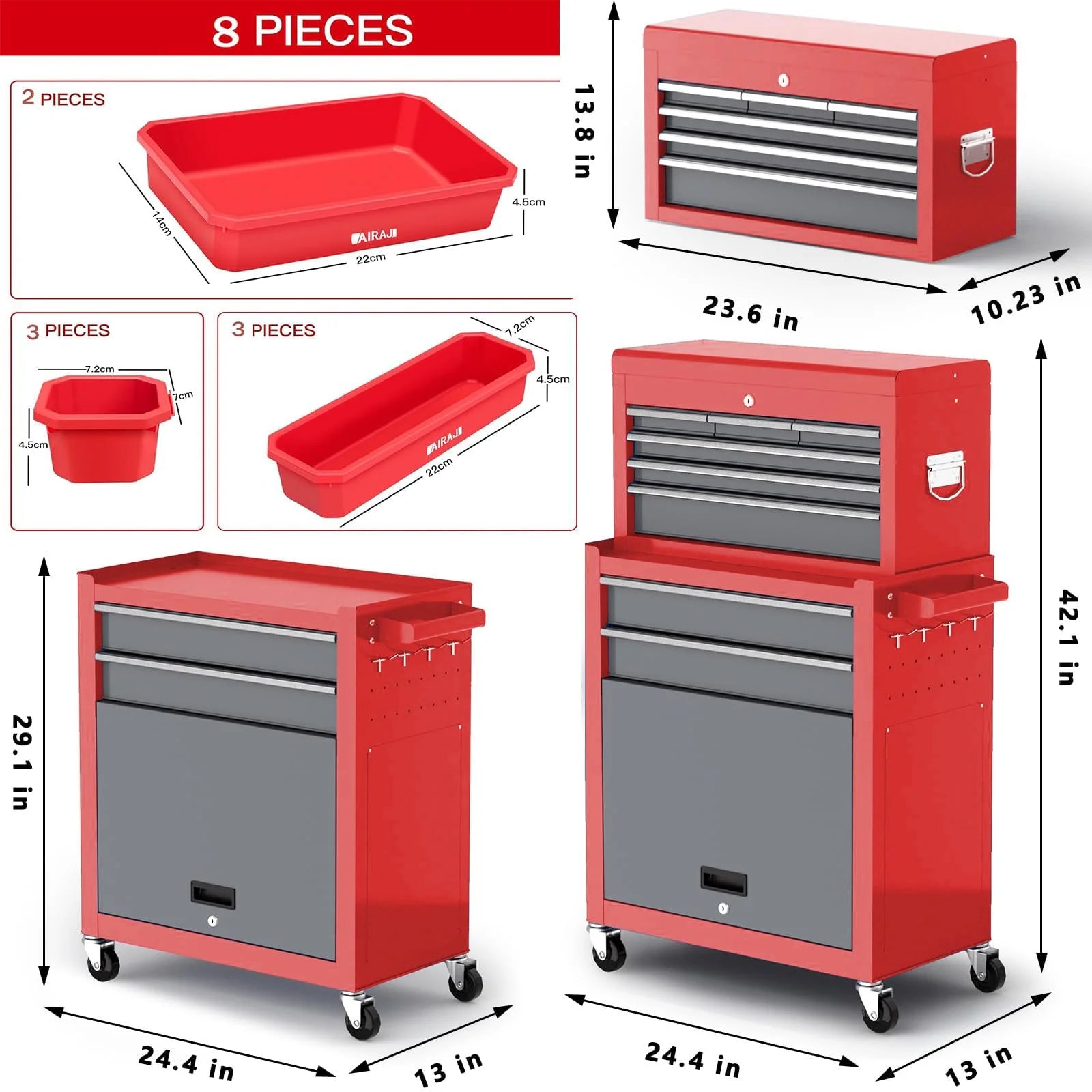 AIRAJ 8-Drawer Industrial Tool Chest | Heavy-Duty Rolling Tool Cabinet with Locking Wheels & Removable Lid | Workshop Organizer with Hooks/Liners