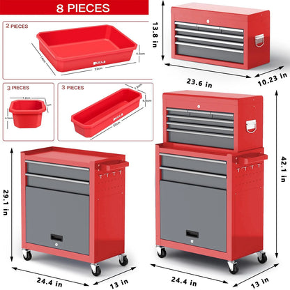 AIRAJ 8-Drawer Industrial Tool Chest | Heavy-Duty Rolling Tool Cabinet with Locking Wheels & Removable Lid | Workshop Organizer with Hooks/Liners
