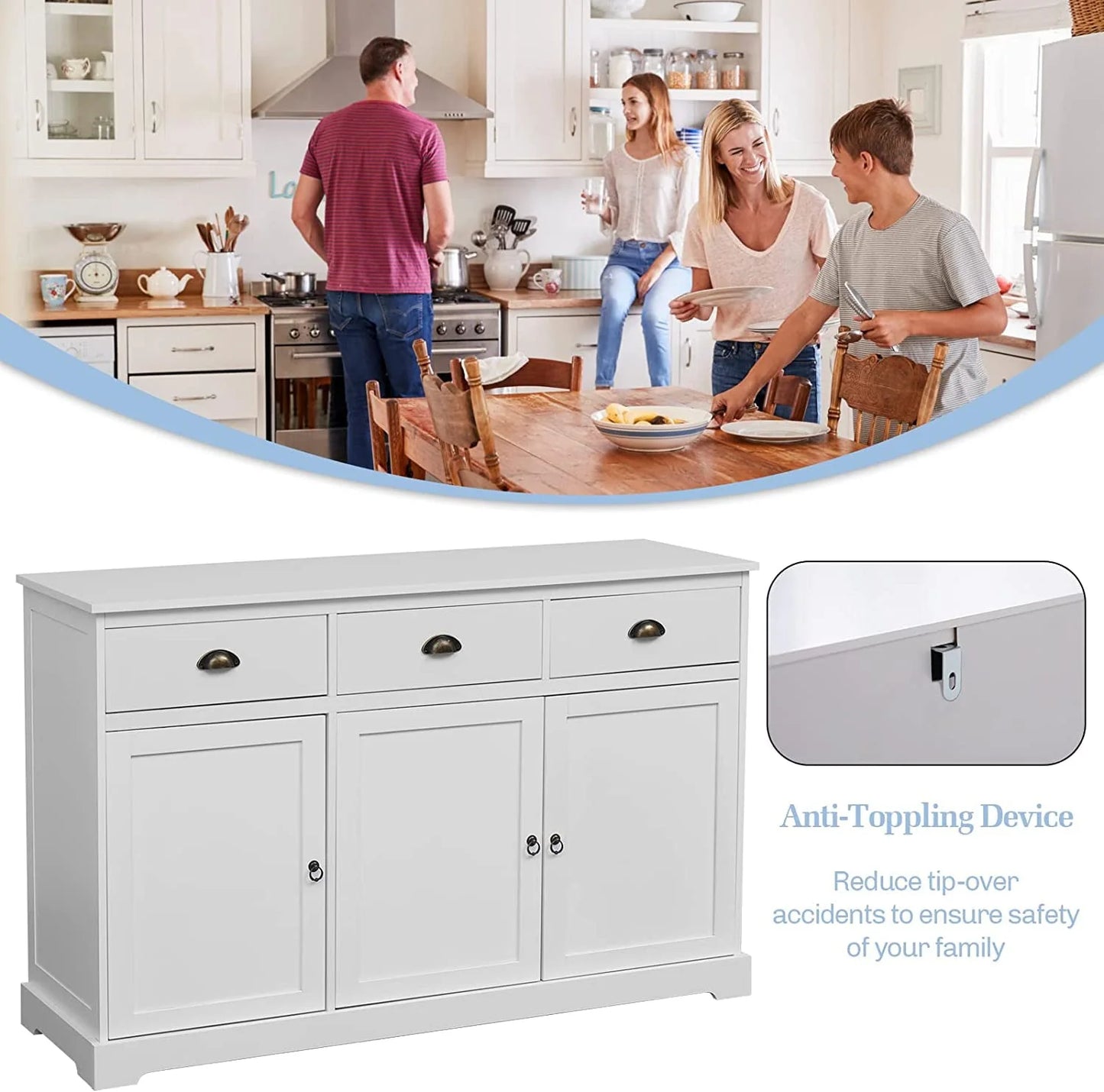 Erinnyees Sideboard Storage Cabinet with 3 Drawers and 3 Cabinets, Buffet Cabinet for Kitchen, Ding Room, Living Room, White