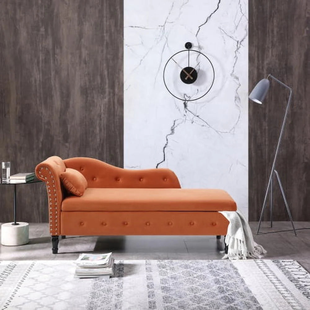 Velvet Chaise Lounge with Storage,Modern Upholstered Long Lounger with a Pillow and Solid Wood Legs,Multifunctional Sleeper Lounge Sofa for Living Room Bedroom Office,Orange