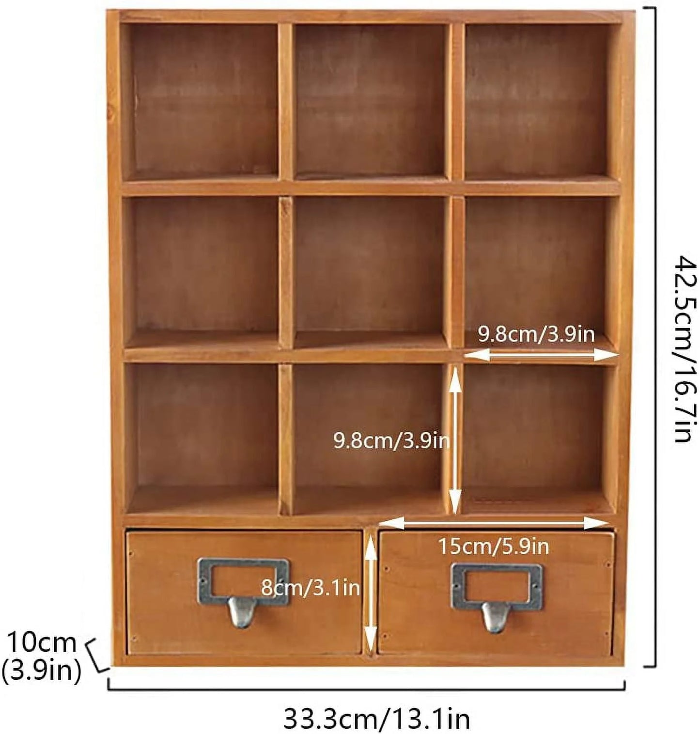 Miumaeov 9-Cube Display Shelf Wooden Bookcase Storage 2 Drawers Desktop Brown (33.3*10*42.5cm/13.1*3.9*16.7in)