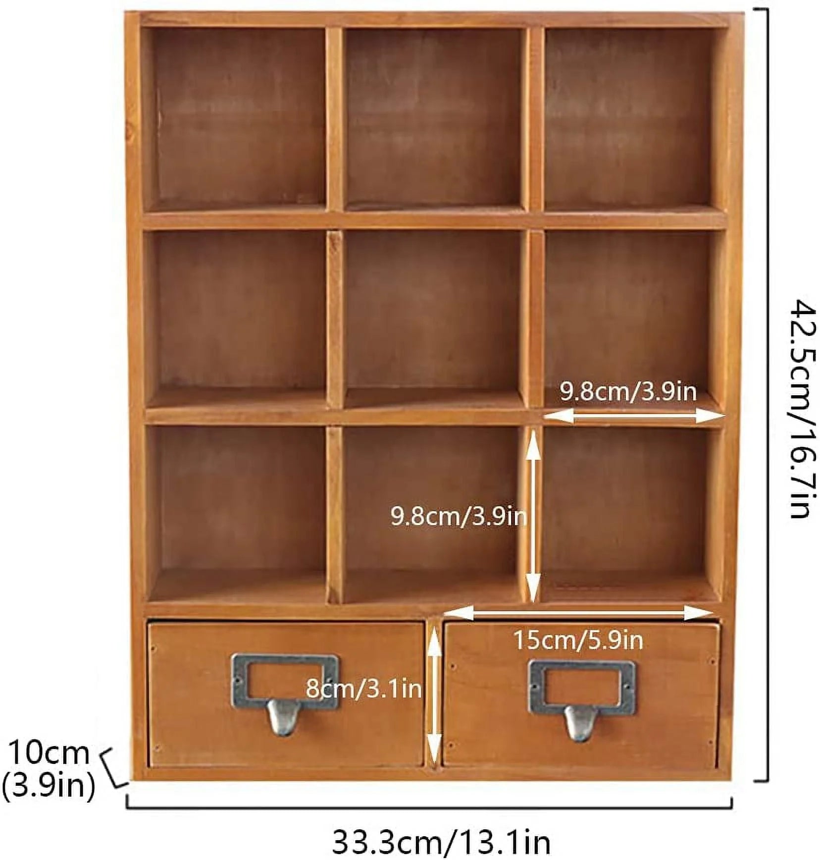 Miumaeov 9-Cube Display Shelf Wooden Bookcase Storage 2 Drawers Desktop Brown (33.3*10*42.5cm/13.1*3.9*16.7in)