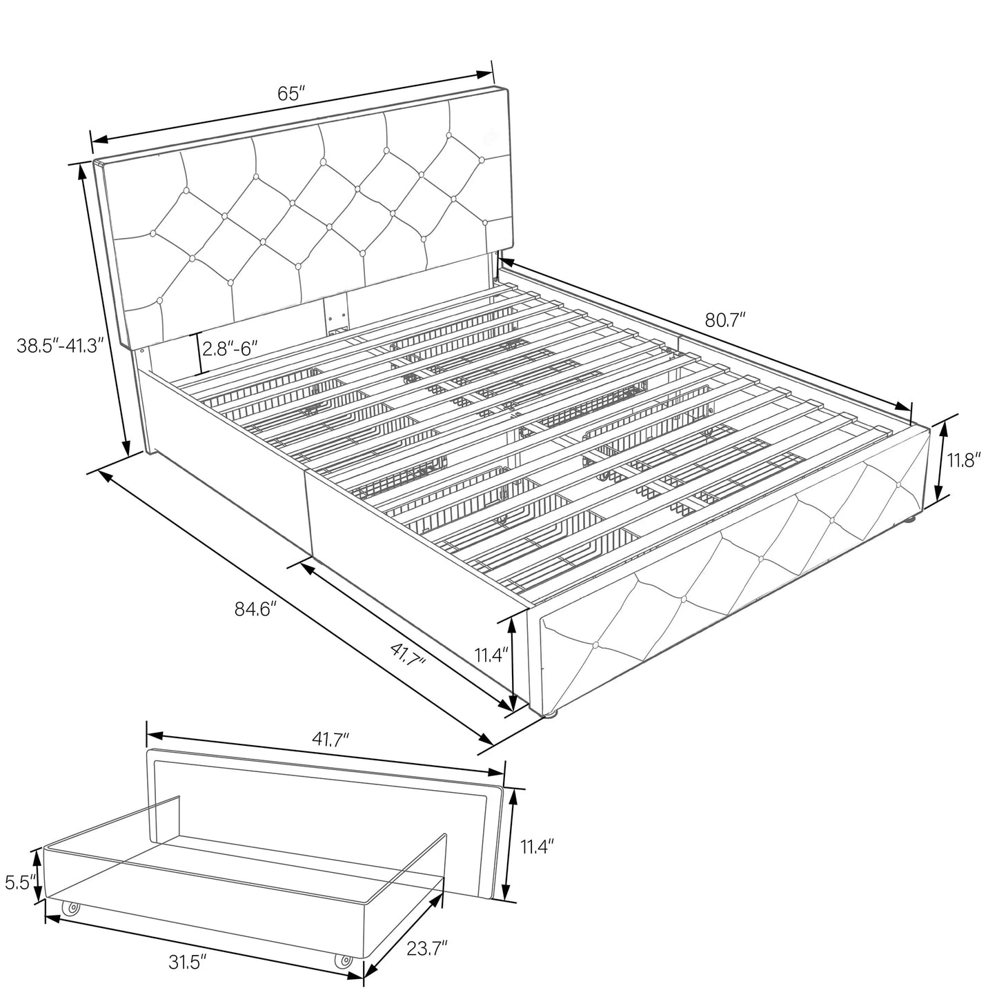 Allewie Queen Platform Bed Frame with 4 Drawers Storage and Headboard, Diamond Stitched Button Tufted Upholstered Mattress Foundation with Wood Slat Support, Dark Grey