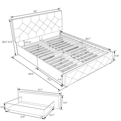 Allewie Queen Platform Bed Frame with 4 Drawers Storage and Headboard, Diamond Stitched Button Tufted Upholstered Mattress Foundation with Wood Slat Support, Dark Grey