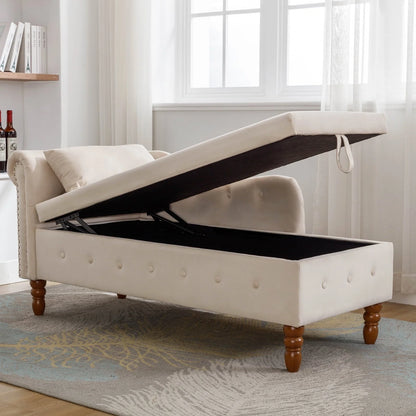 Beige Velvet Chaise Lounge Indoor - Modern Lounge Chair for Bedroom with Storage & Pillow, Nailhead Trim, Perfect for Living Room, Bedroom, Office, Comfortable & Durable