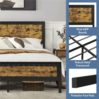 Yaheetech Metal Platform Bed with with Storage, Queen Size, Rustic Brown