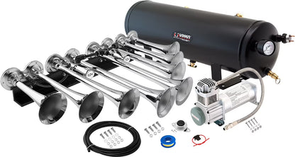 Vixen Horns OCTOPOD Train Horn Kit for Trucks/Car/Semi. Complete Onboard System- 200psi Air Compressor, 3 Gallon Tank, 8 Trumpets. Super Loud dB. Fits Vehicles like Pickup/Jeep/RV 12v VXO8330/8124XC