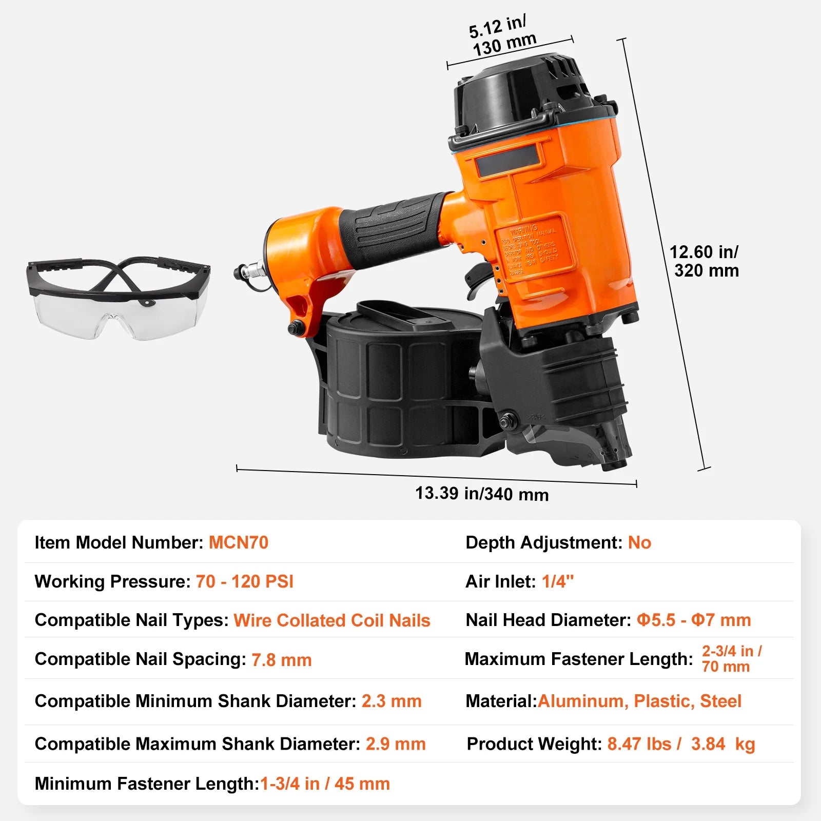 KFFKFF Pneumatic Coil Siding Nailer MCN70, Compatible with 1-3/4" to 2-3/4" Nails, 15 Degree Angle, 70-120PSI, Ideal for Pallets, Crates, Frames, Siding & Fences