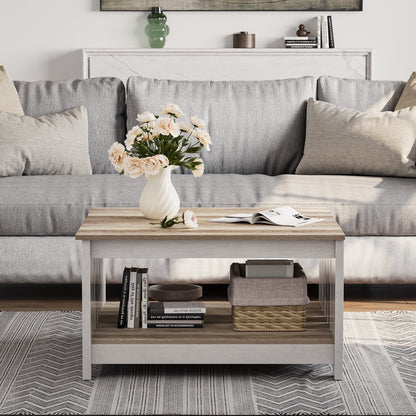 Dextrus Coffee Table with Storage, Square Wood Farmhouse Coffee Table with Barn Door for Living Room, Grey Wash