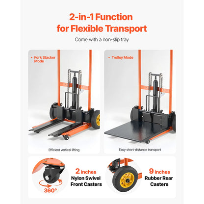KFFKFF Hydraulic Material Lift Winch Stacker, 450 lbs Capacity, Pallet Truck with Fork Lift Table, 39.4-Inch Max Height, Foldable & Portable Pallet Jack Cart, Yellow & Black