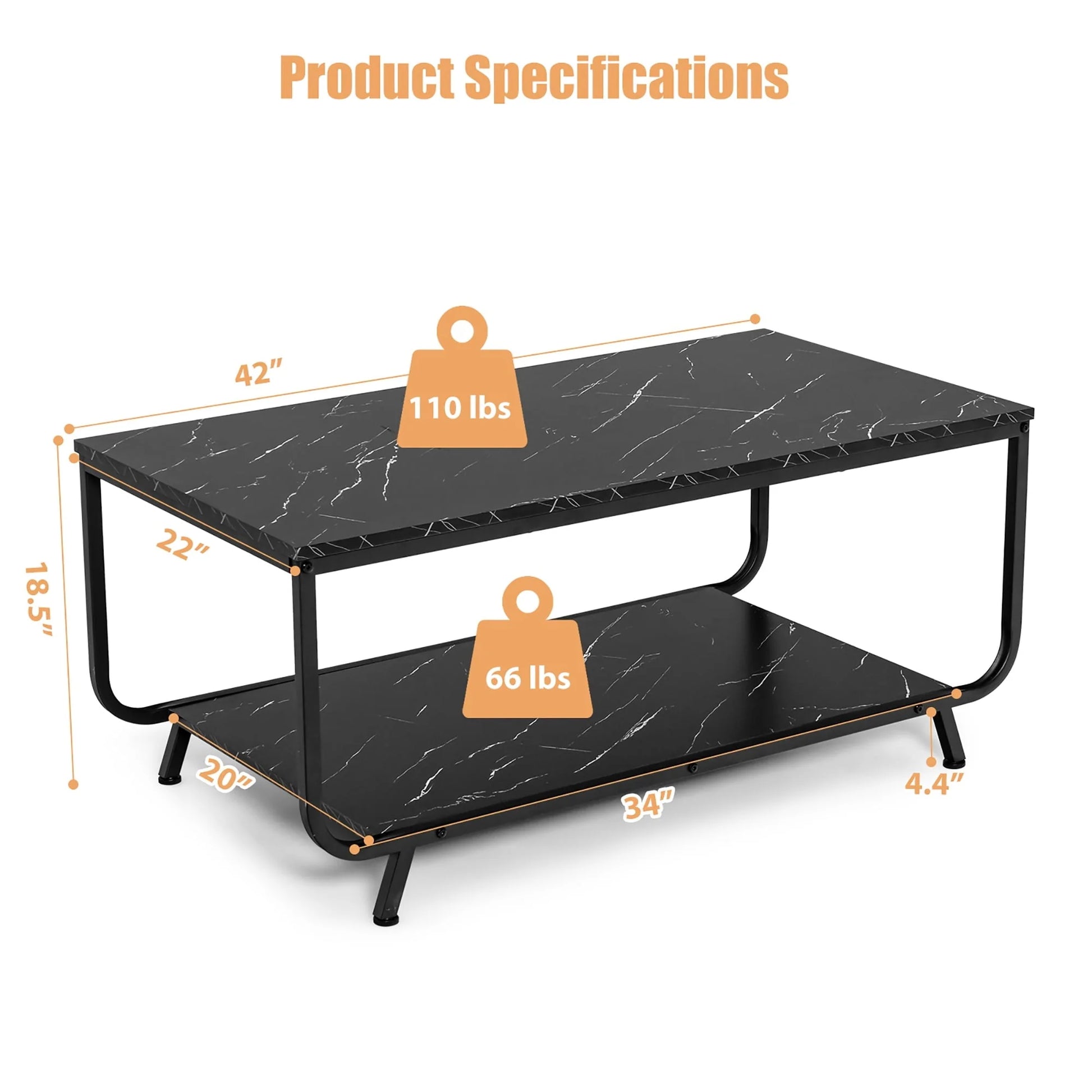 Costway Coffee Table 2-Tier Modern Marble Coffee Table W/Storage Shelf for Living Room