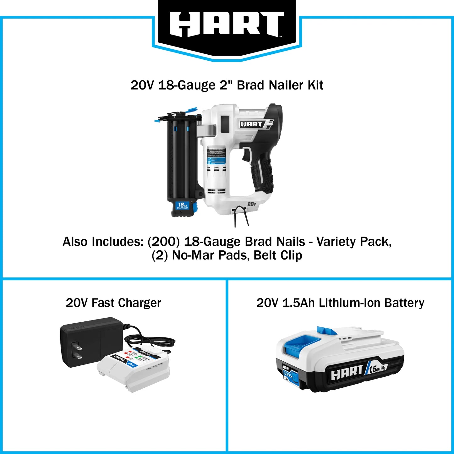 HART 20-Volt 2-inch 18-Gauge Battery-Powered Brad Nailer Kit, (1) 1.5Ah Lithium-Ion Battery