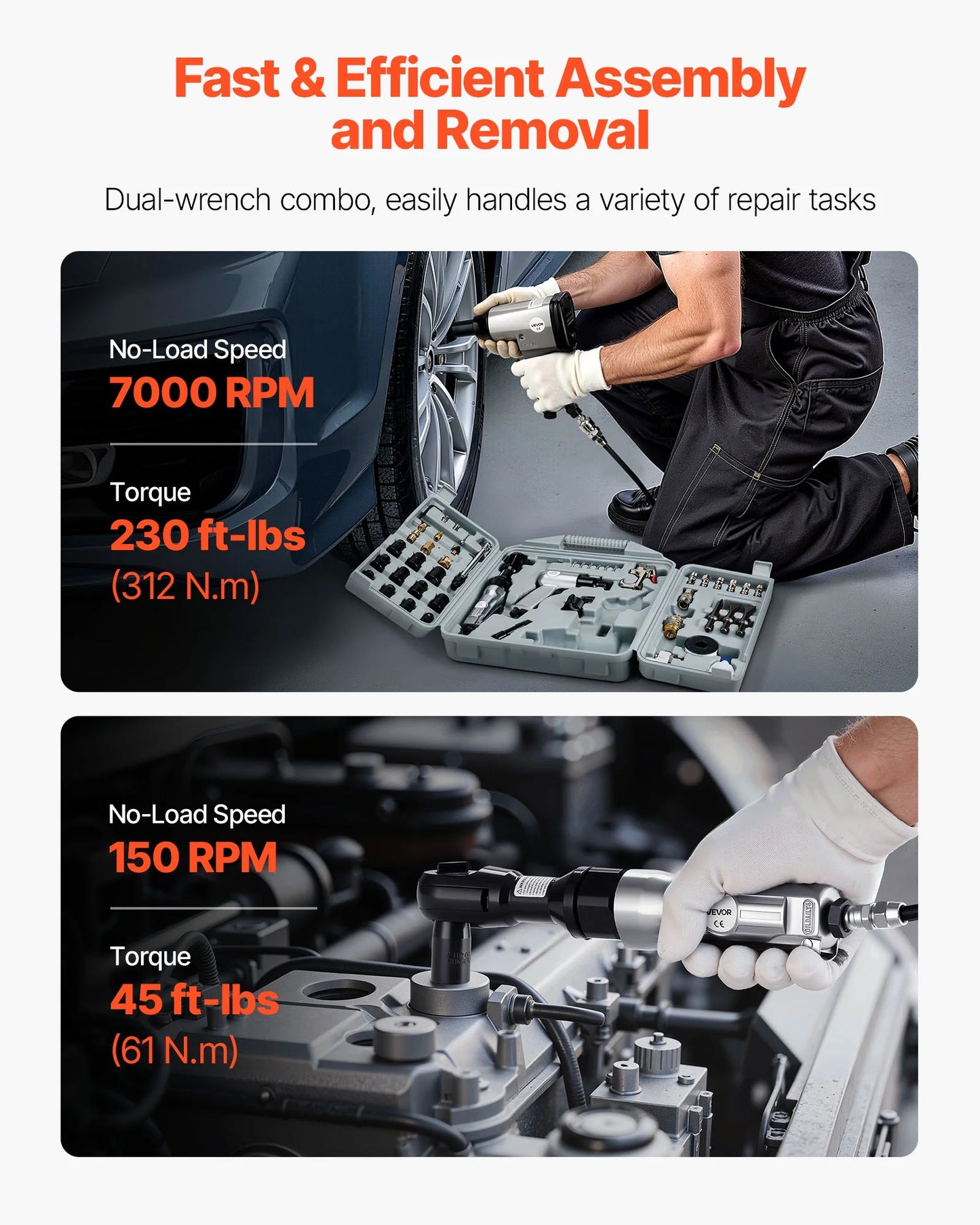 VEVOR 50 Pieces Pro Air Tool and Accessories Kit - 1/2" Air Impact Wrench, 3/8" Ratchet Wrench, 4500BPM Hammer, Blow Gun & Full Accessories for Auto Repairs, Home DIY Projects - with Storage Case