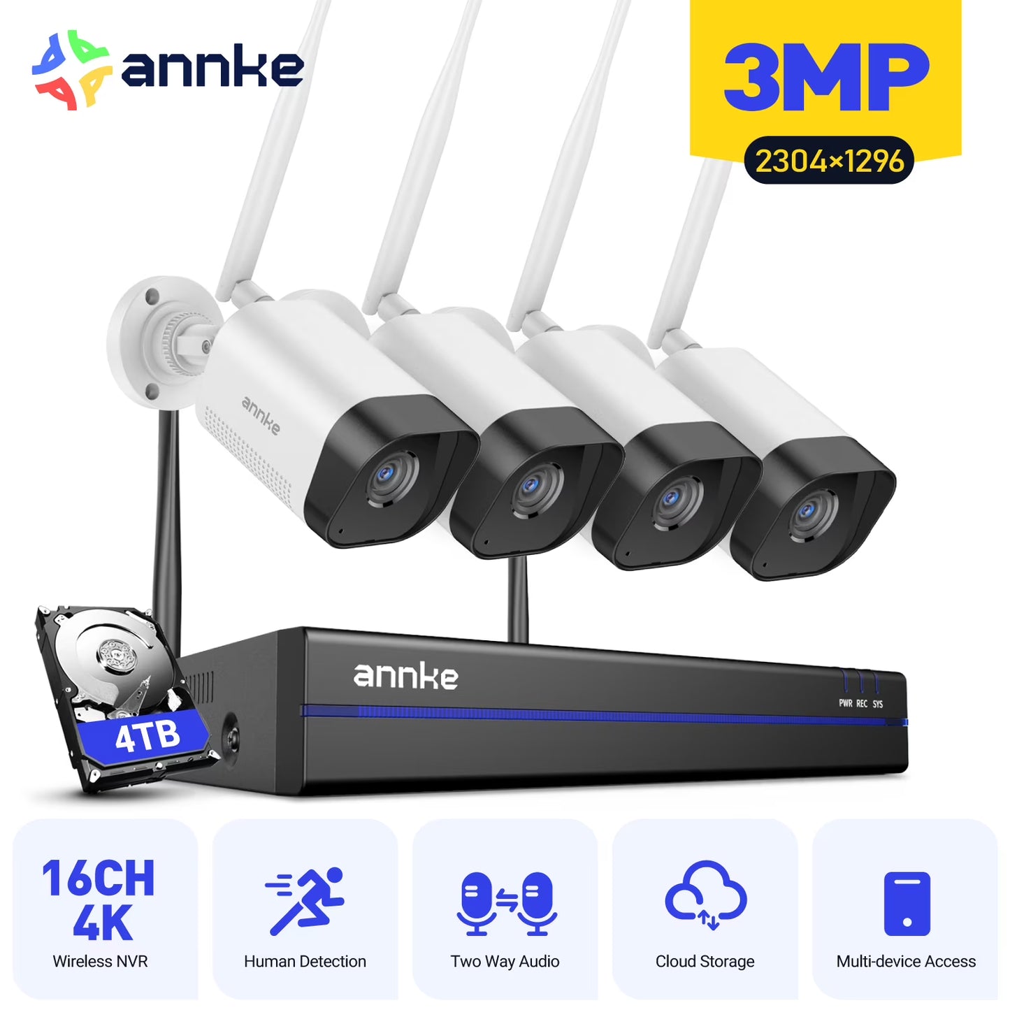 ANNKE Outdoor Bullet Cameras System, Expandable 16CH 4K NVR with 8 Cam 3MP, 4TB HDD, Wireless WiFi Cameras,100ft Night Vision, 2-Way Audio, Dual-Band WiFi, Human Detection, Remote Access, IP66-rated