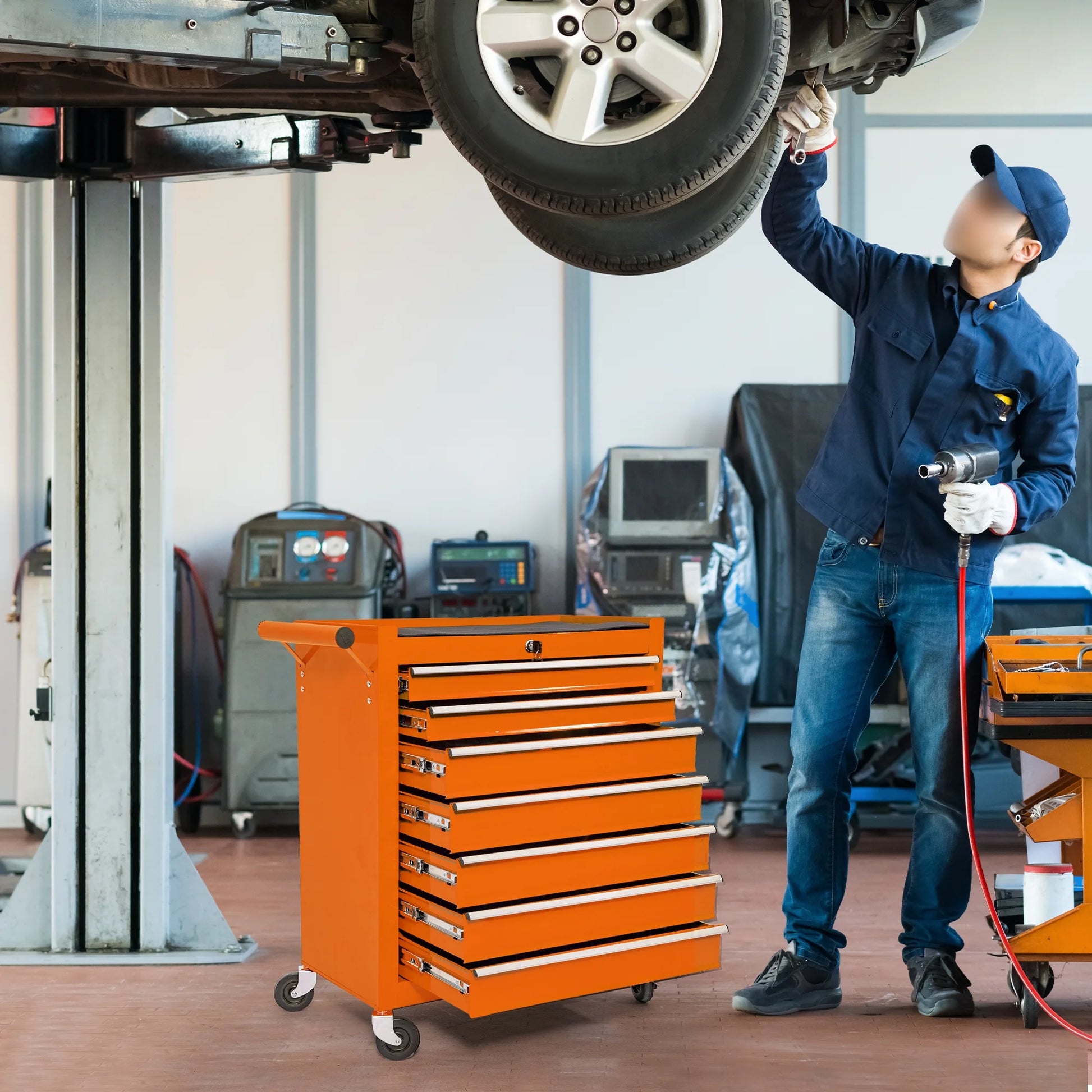 Tool Box, 7-Drawer Steel Rolling Tool Chest on Wheels for Workshop Garage, Orange