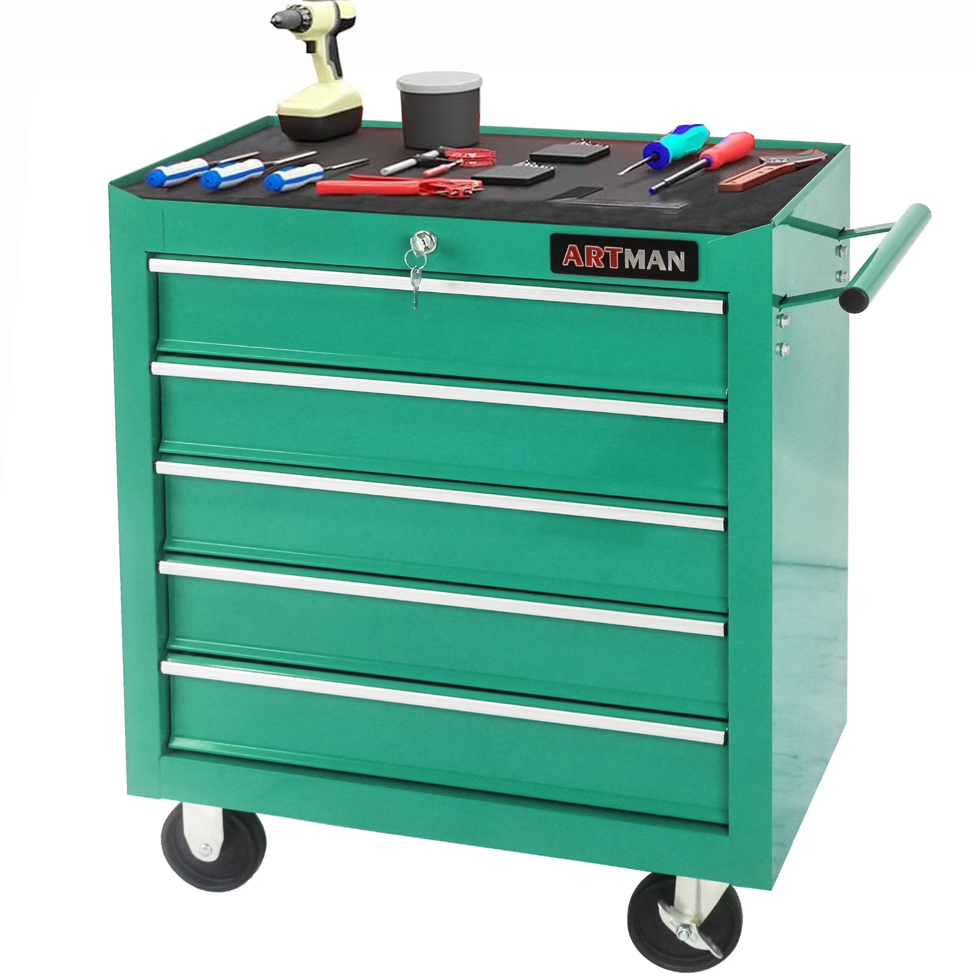 Tool Chest on Wheels, 5-Drawer Rolling Tool Box with Workbench Top, Multifunctional Tool Storage Organizer for Garage, Warehouse, Workshop