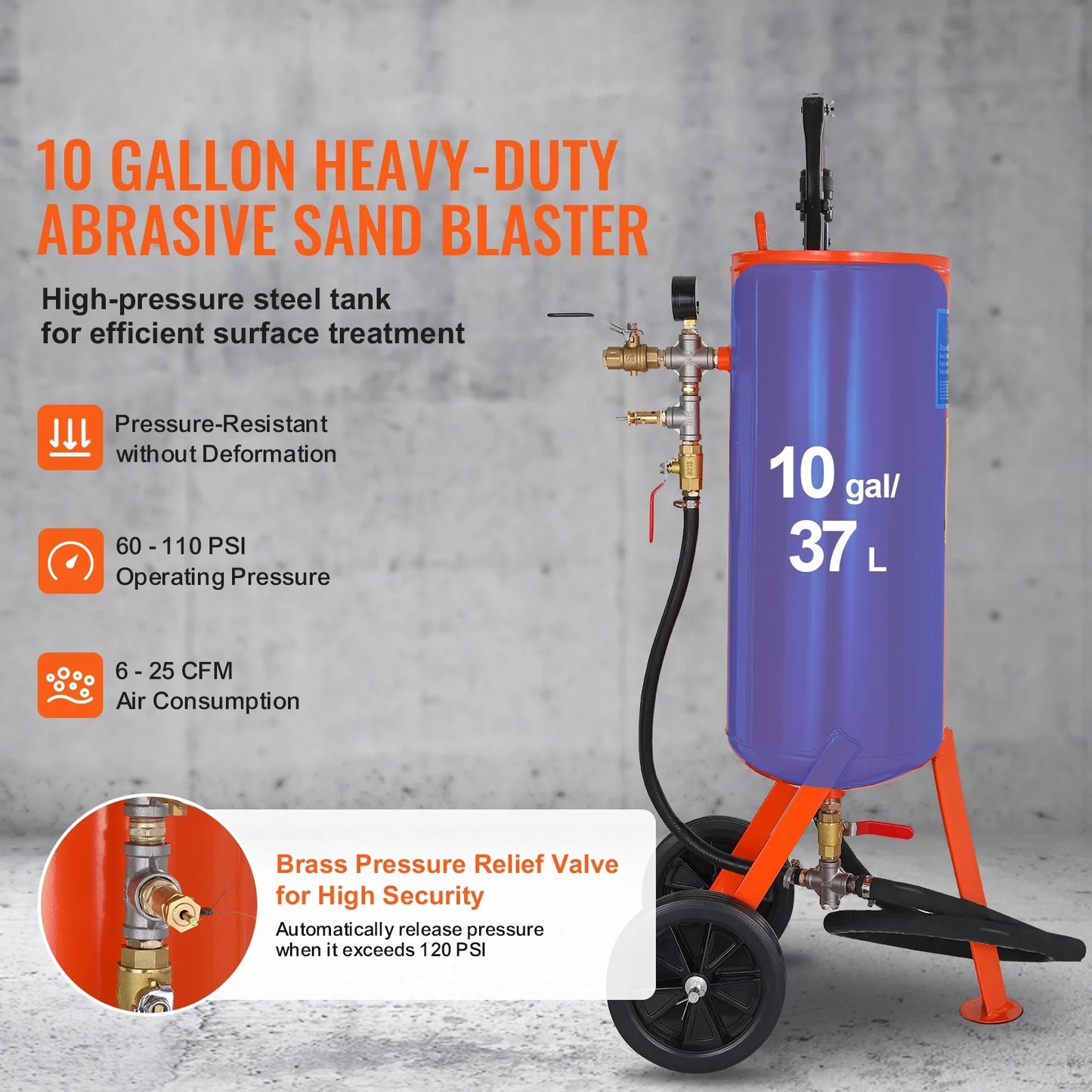 SKYSHALO 10 Gallon Durable Sand Blaster, 60-110 PSI Pressure Sandblaster, Mobile Abrasive Blasting Unit, Air Sand Blaster Kit with 2 Ceramic Nozzles & 7.5ft Hose for Removing Stain, Rust, Paint