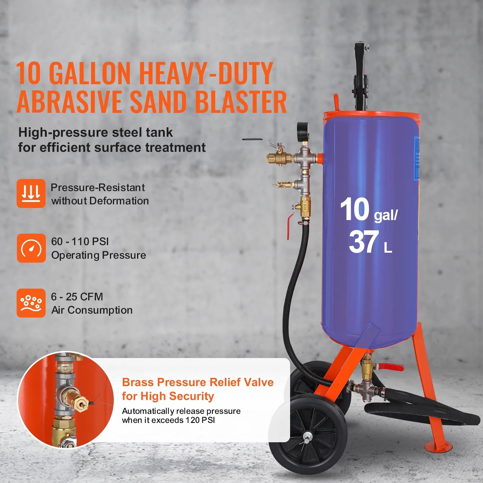 SKYSHALO 10 Gallon Durable Sand Blaster, 60-110 PSI Pressure Sandblaster, Mobile Abrasive Blasting Unit, Air Sand Blaster Kit with 2 Ceramic Nozzles & 7.5ft Hose for Removing Stain, Rust, Paint