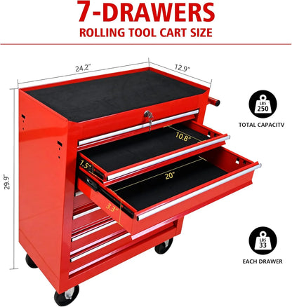 DSstyles Tool Chests, 7-Drawer Rolling Tool Storage Cabinet with Detachable Tray, Multi-Functional Handles, Adjustable Shelves, Secure Locking System, Heavy-Duty Wheels, Ideal for Garage, Workshop