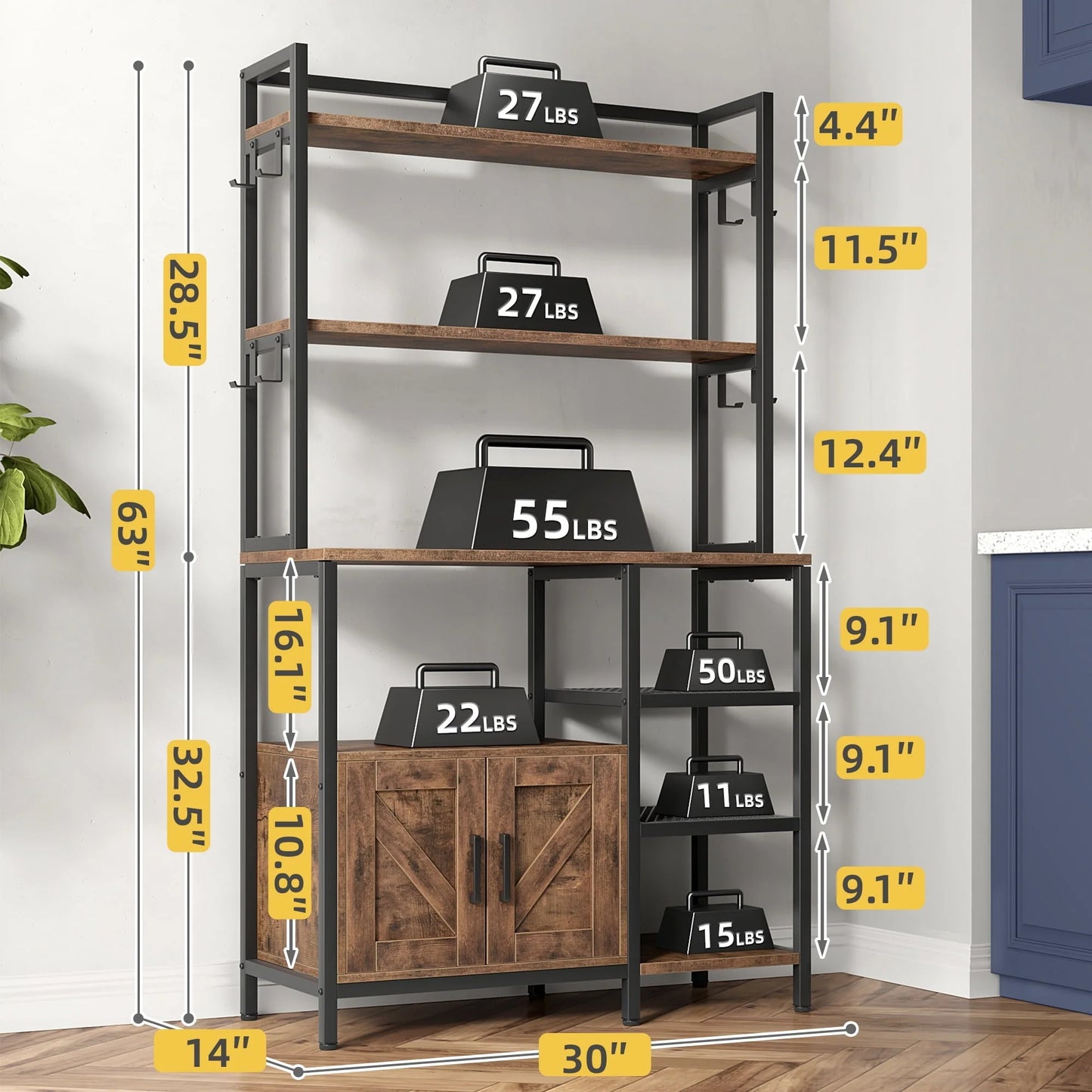 EnHomee 6 Tier Kitchen Bakers Rack Microwave Oven Stand with Storage Coffee Bar with Shelves Cabinet Hooks, 29.5" W * 13.9" D * 63" H Rustic Brown