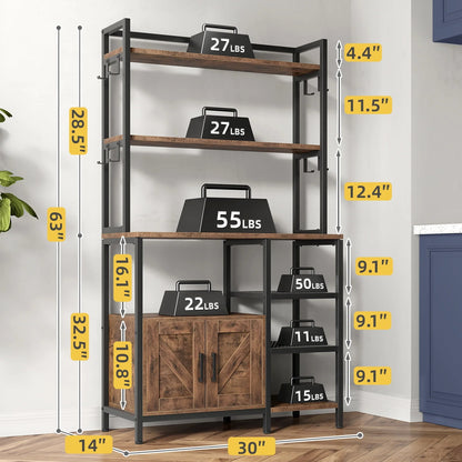 EnHomee 6 Tier Kitchen Bakers Rack Microwave Oven Stand with Storage Coffee Bar with Shelves Cabinet Hooks, 29.5" W * 13.9" D * 63" H Rustic Brown