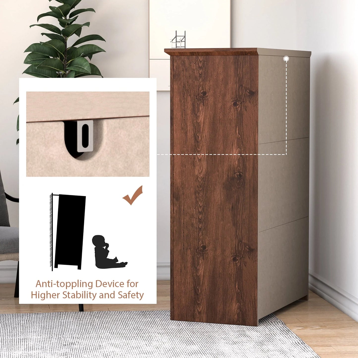 Costway 5 Drawer Chest Storage Dresser Tall Cabinet Organizer Bedroom Hallway Walnut