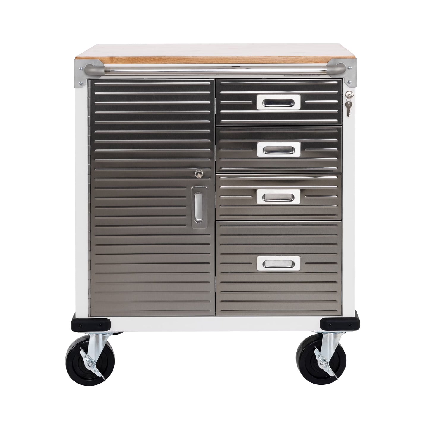 Seville Classics UltraHD Heavy Duty Rolling Cabinet Workbench Table w/Solid Wood Top, Workstation for Garage, Office, Workshop, White, 1-Door, 4-Drawer (28" W x 25" D)