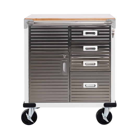 Seville Classics UltraHD Heavy Duty Rolling Cabinet Workbench Table w/Solid Wood Top, Workstation for Garage, Office, Workshop, White, 1-Door, 4-Drawer (28" W x 25" D)