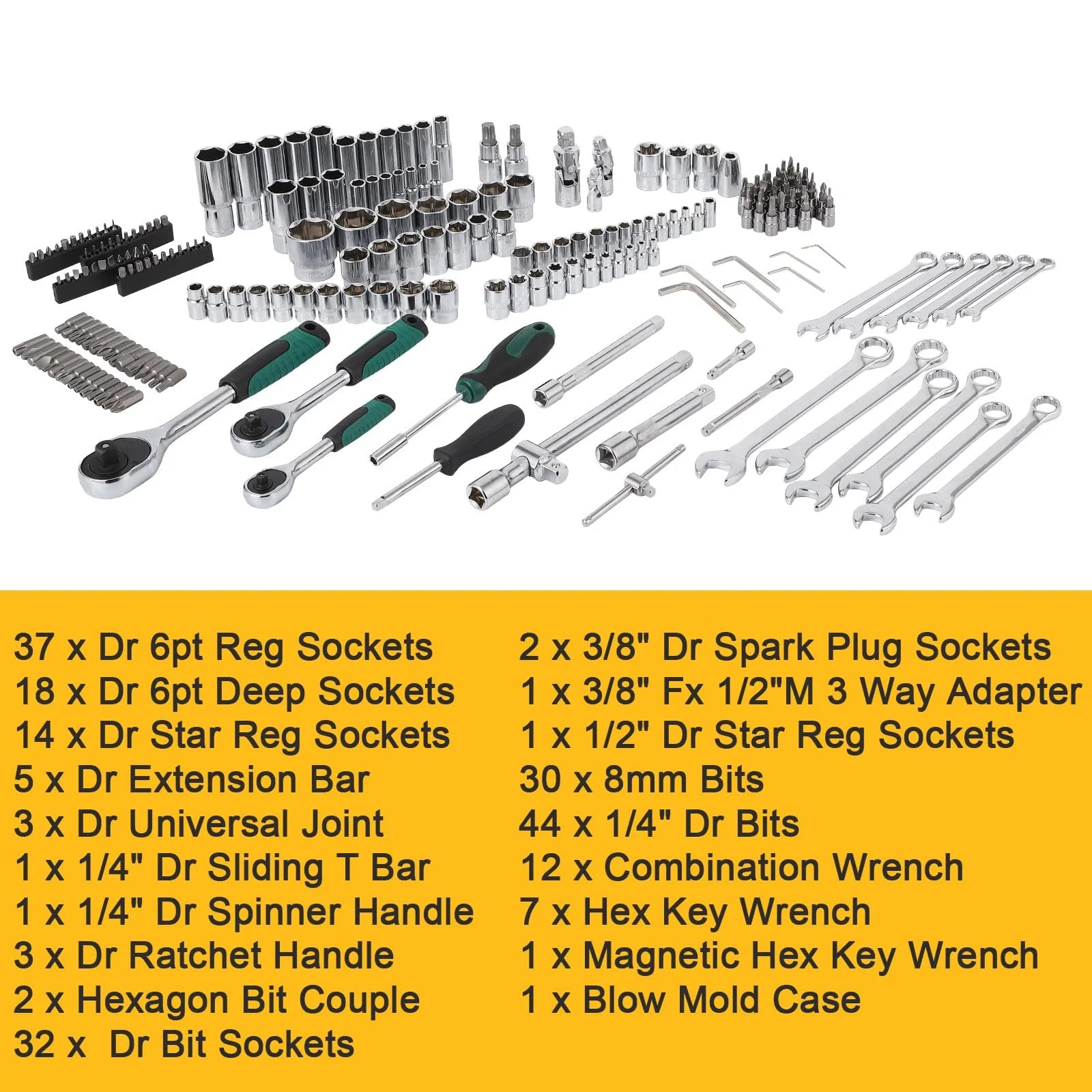 Mechanics Tools Kit and Socket Set, 1/2" ,1/4" & 3/8" Drive, 216-Piece