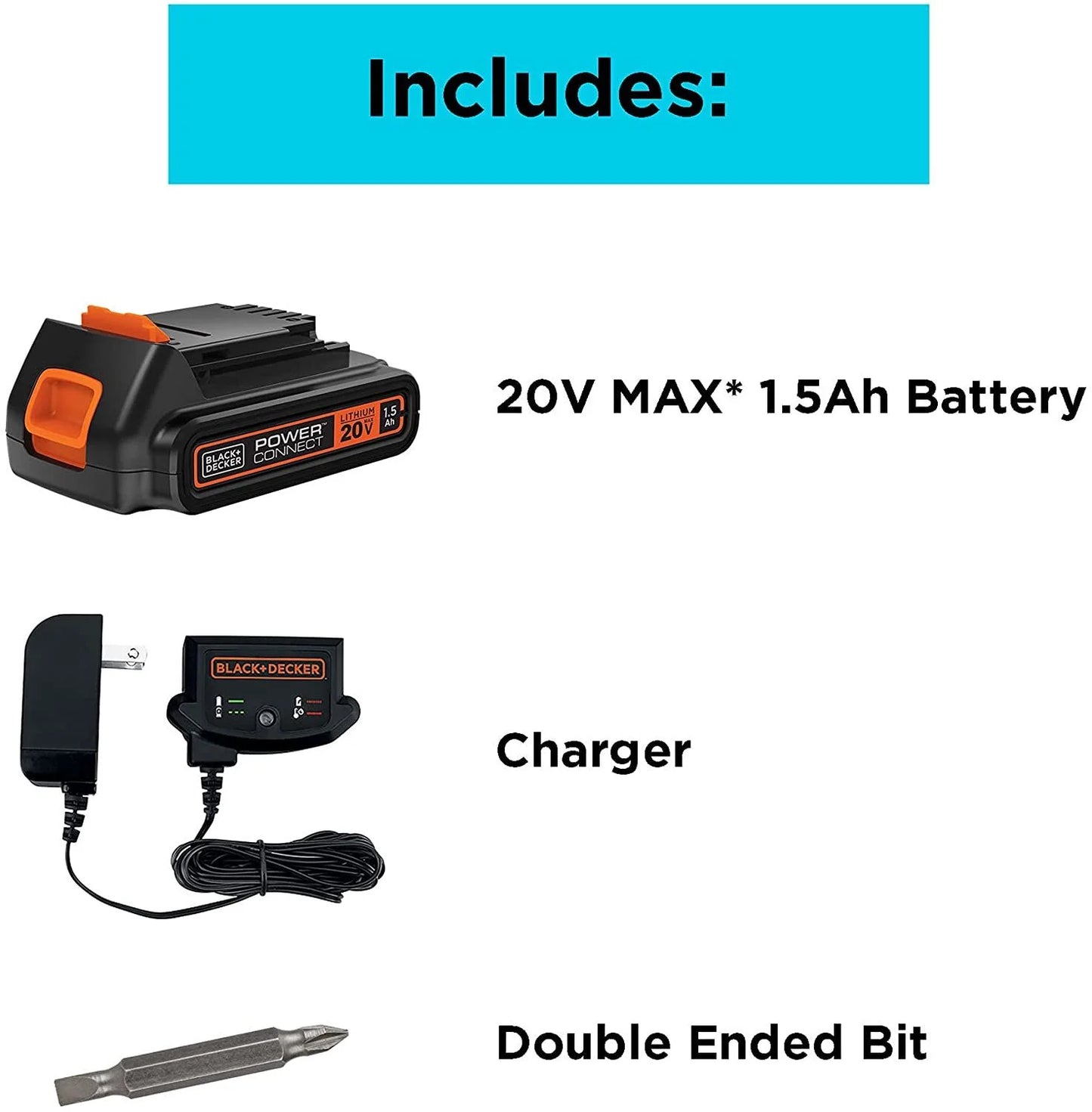 BLACK+DECKER 20V Cordless 3/8 in Drill Driver, 1.5Ah, Battery and Charger Included