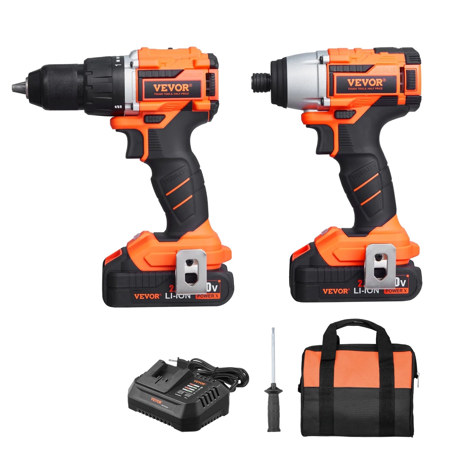 VEVOR Tool Combo Kit, 20V Max Cordless 2-Tool Combo Kit, with 1/2 in Impact Drill, 1/4 in Impact Driver, Compact Cordless Power Tool Combo Kit with 4.0 Ah Batteries