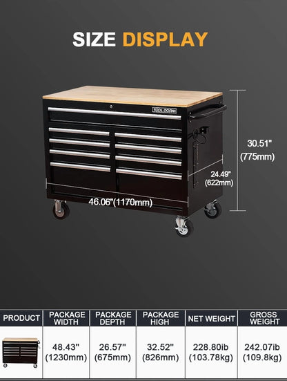 Rolling Tool Chest Extra-Deep 46In 9-Drawers, Mobile Tool Storage Cabinet/Work Bench with Wooden Top/Power Strip, Equipped with Casters, Handle, Liner, and Locking System, 1200 lbs Capacity