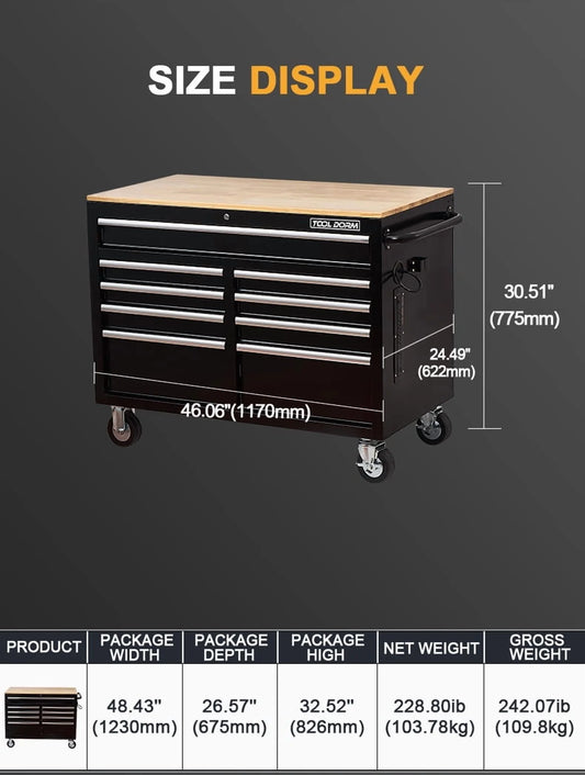 Rolling Tool Chest Extra-Deep 46In 9-Drawers, Mobile Tool Storage Cabinet/Work Bench with Wooden Top/Power Strip, Equipped with Casters, Handle, Liner, and Locking System, 1200 lbs Capacity