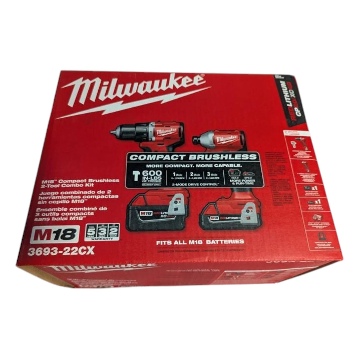 Milwaukee 3693-22CX M18 Compact Brushless 2-Tool Combo Kit - 1/2" Hammer Drill & 1/4" Impact Driver with (2) Batteries, Charger & Bag - Ideal for Drilling, Fastening, and Wordworking Applications