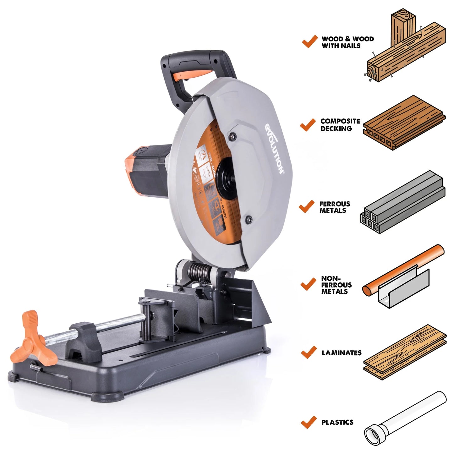 Evolution Power Tools 14 inch, 15 Amp, Multi-Material Chop Saw, R355CPS