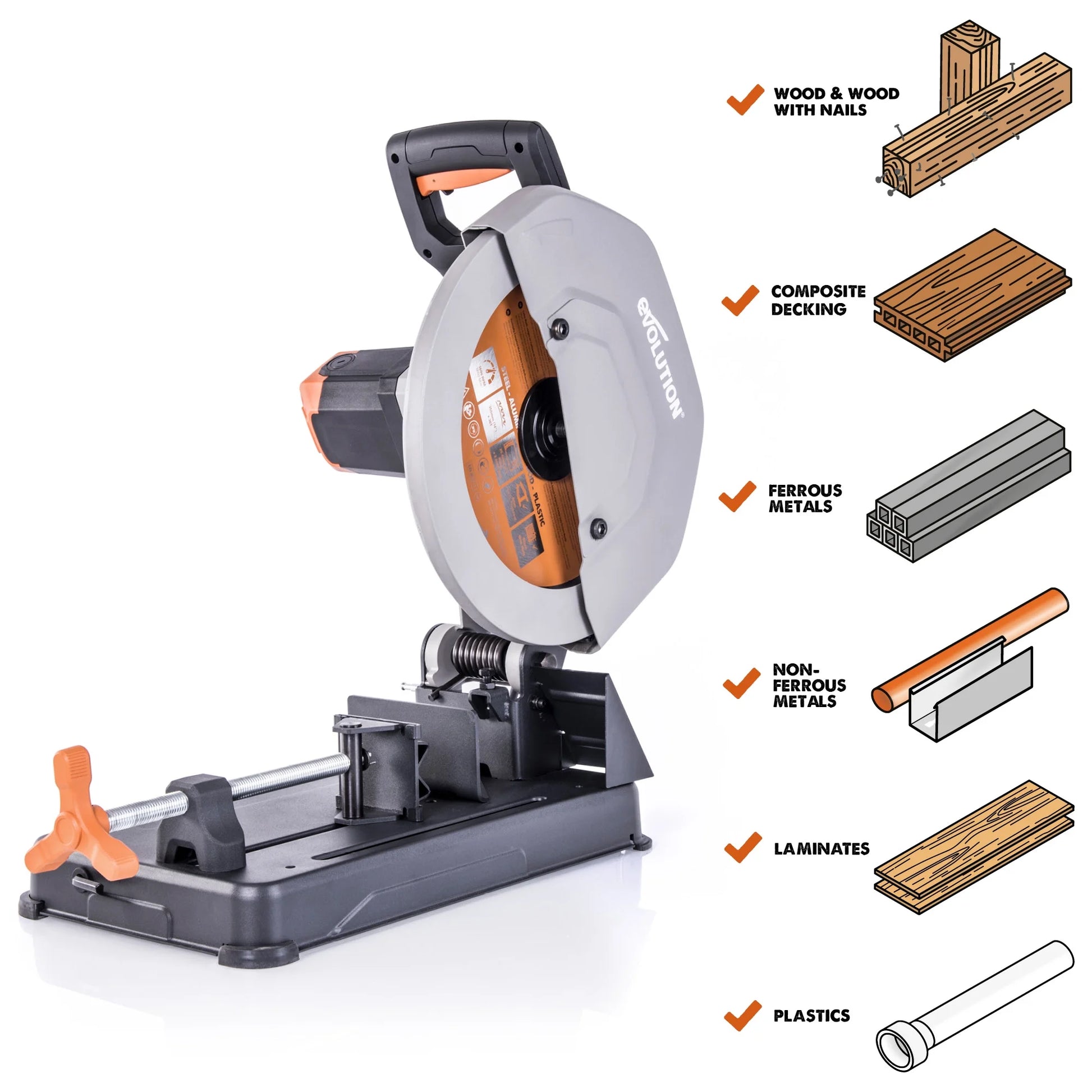 Evolution Power Tools 14 inch, 15 Amp, Multi-Material Chop Saw, R355CPS