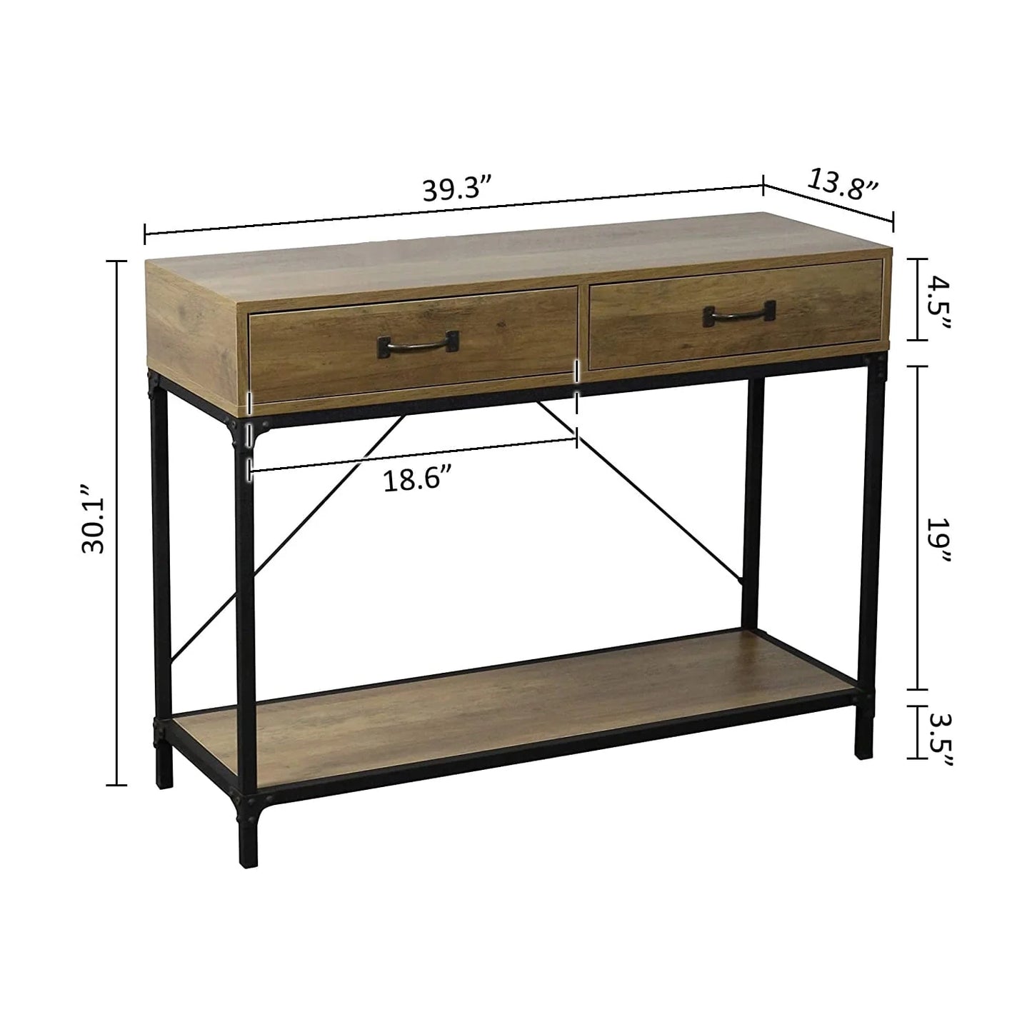 eHemco Rustic Console Table with 2 Drawers and Storage Shelf for Living Room, Black Base