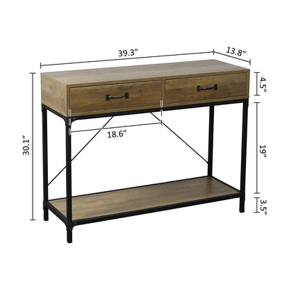 eHemco Rustic Console Table with 2 Drawers and Storage Shelf for Living Room, Black Base