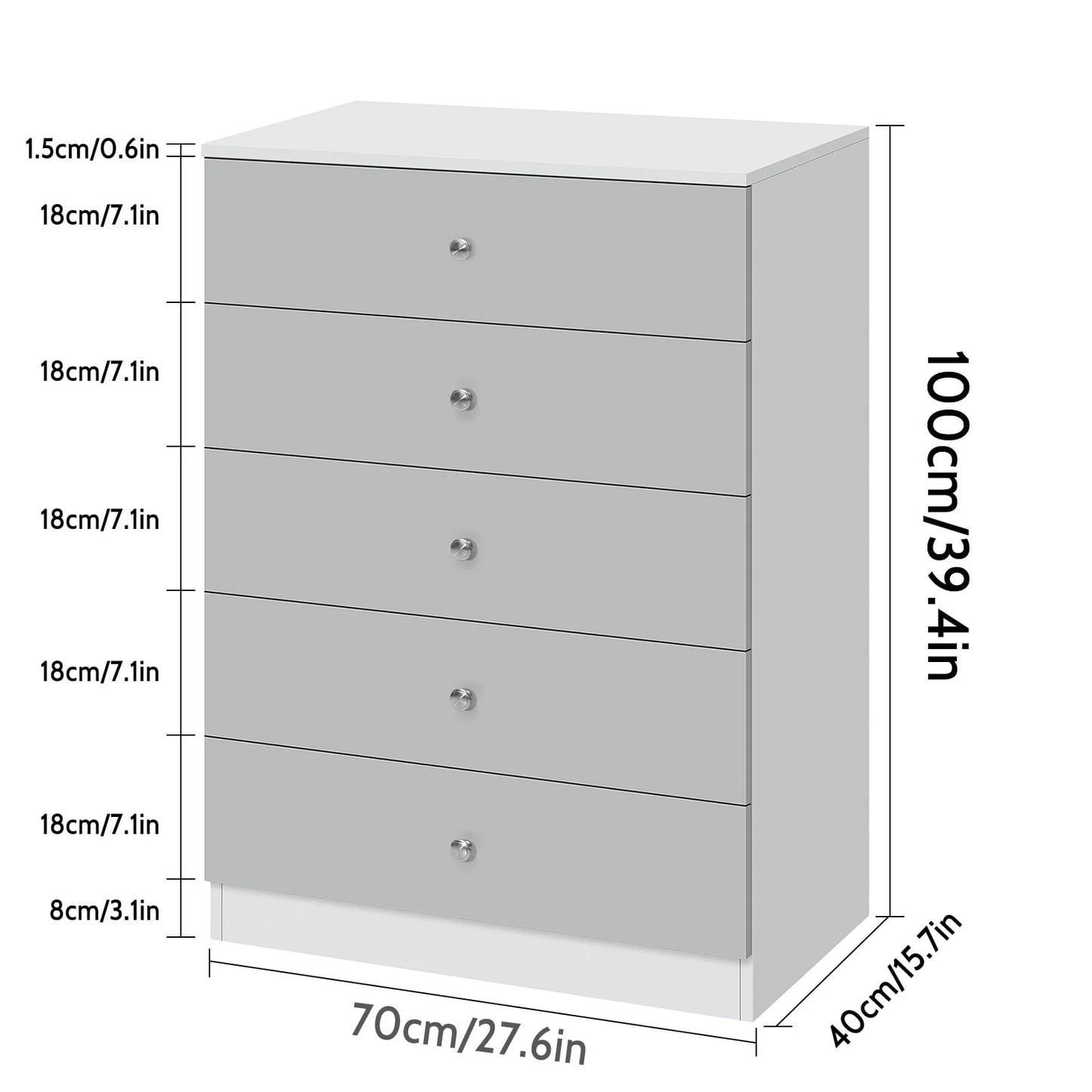 Hommpa 5 Drawers White Grey Dresser For Bedroom, 39.4" Tall Wood Chest of Drawers High Gloss Storage Cabinet with Metal Handles Modern Large Capacity Organizer