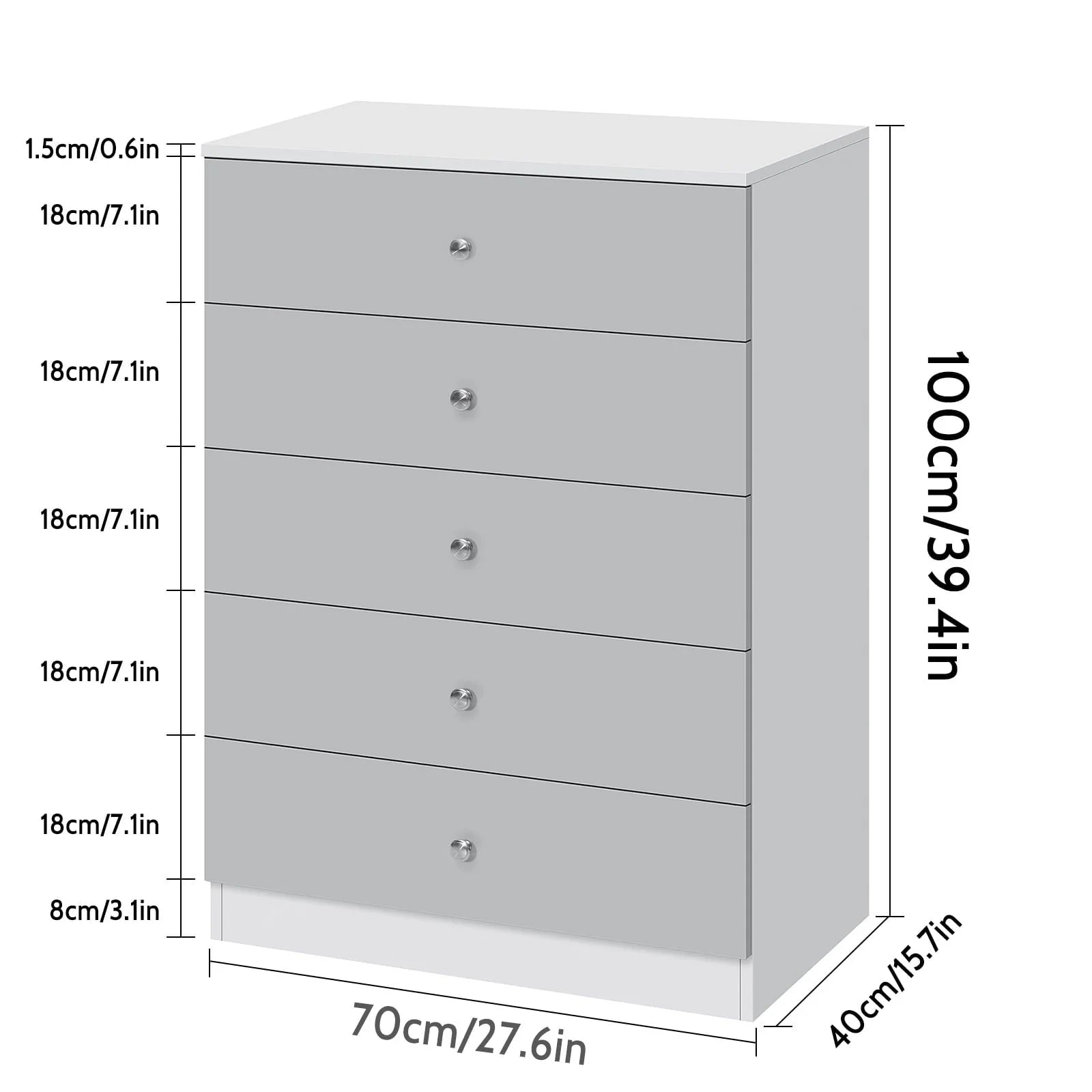 Hommpa 5 Drawers White Grey Dresser For Bedroom, 39.4" Tall Wood Chest of Drawers High Gloss Storage Cabinet with Metal Handles Modern Large Capacity Organizer