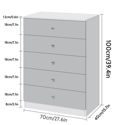 Hommpa 5 Drawers White Grey Dresser For Bedroom, 39.4" Tall Wood Chest of Drawers High Gloss Storage Cabinet with Metal Handles Modern Large Capacity Organizer