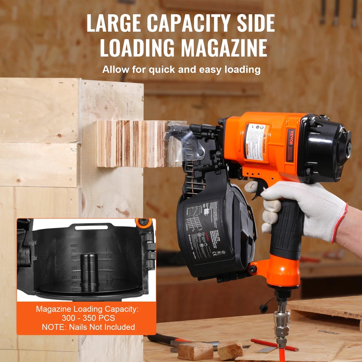 VEVOR Coil Siding Nailer MCN55, 1 inch to 2-1/4 inch 15 Degree Pneumatic Siding Nail Gun, 70-120PSI Air Coil Nailer for Siding, Pallet Sheathing, Fencing, Decking