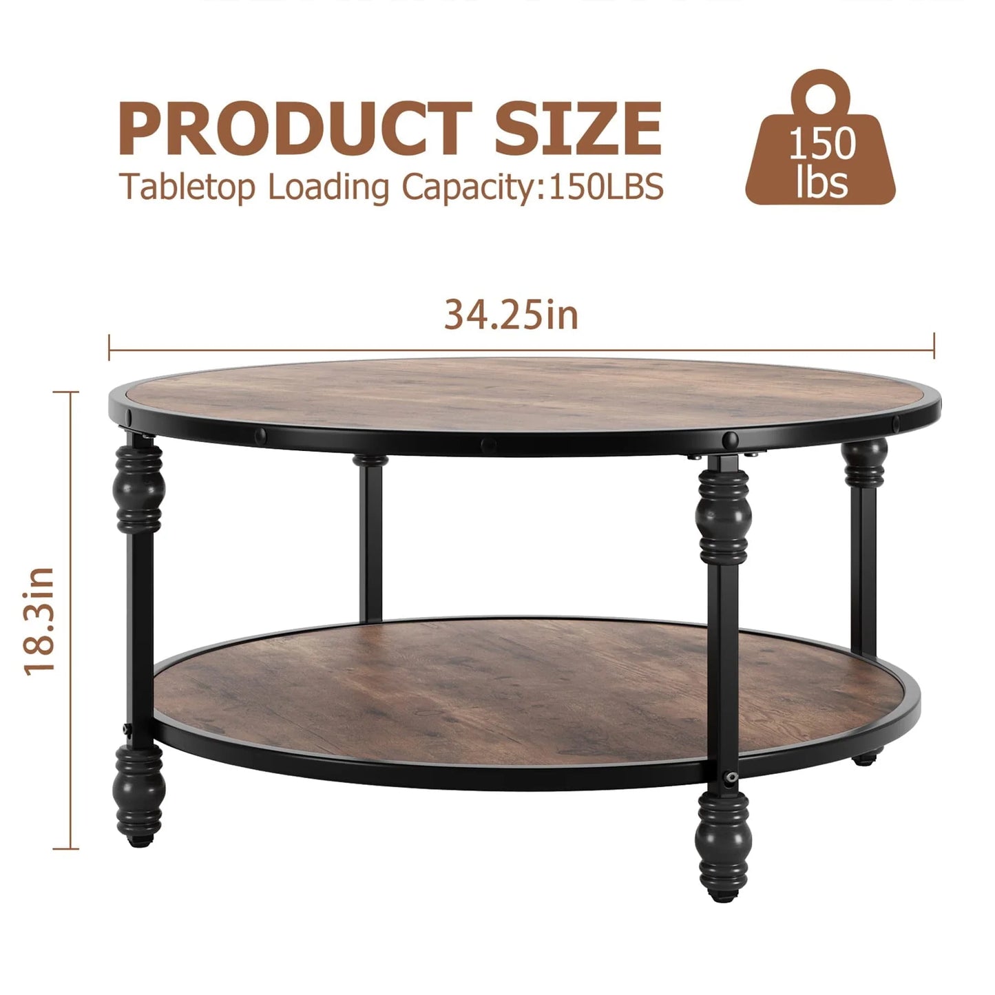 Round Coffee Table with Storage Shelf, Brown Wood 2 Tier Center Table with Metal Leg