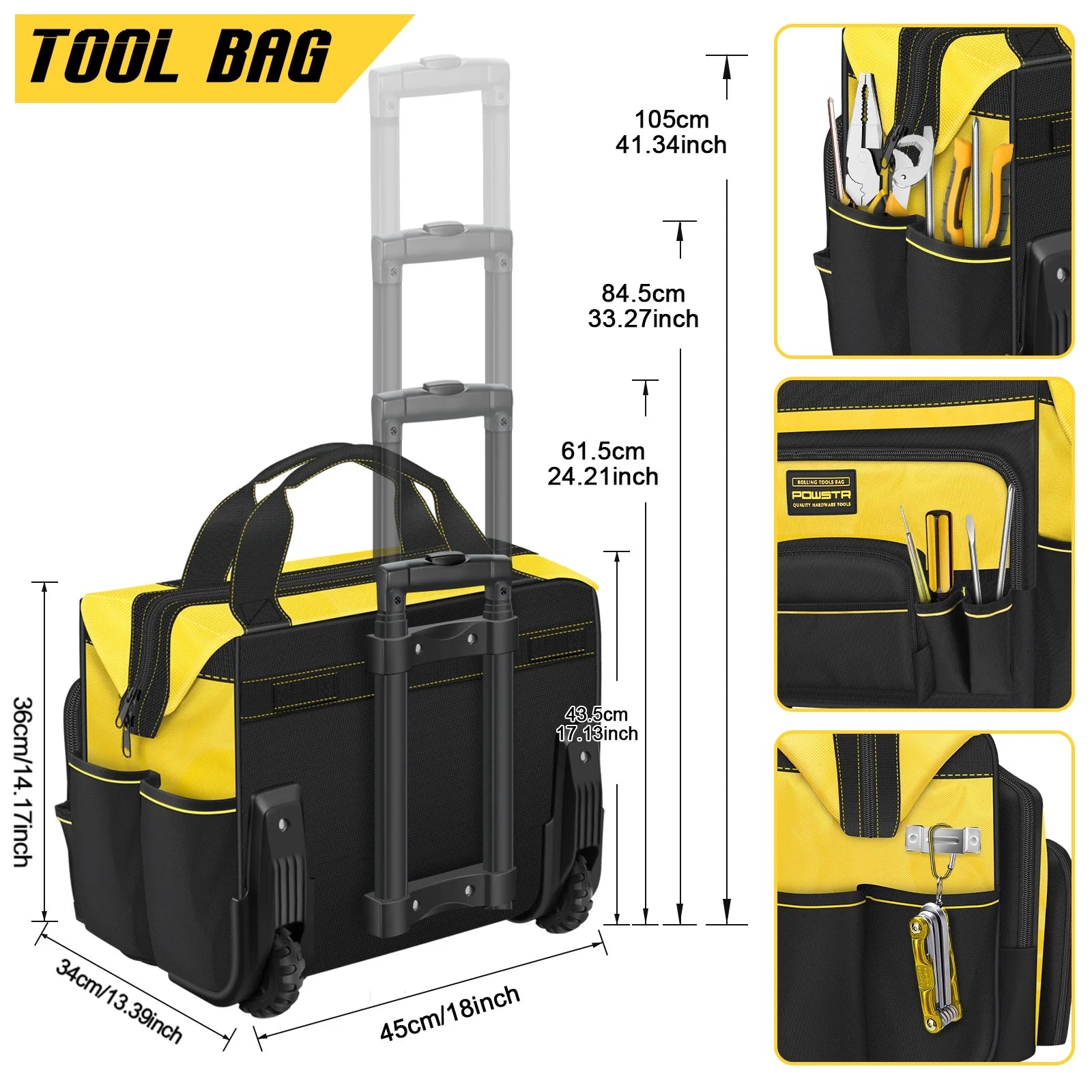 18" Rolling Tool Bag with Wheels, 15-Pocket Heavy Duty Rolling Tool Storage Bag with Retractable Handle for Construction, Carpentry, Repair