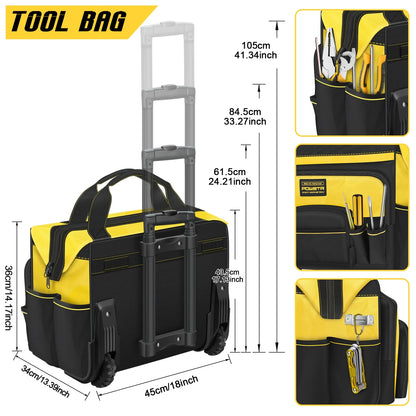 18" Rolling Tool Bag with Wheels, 15-Pocket Heavy Duty Rolling Tool Storage Bag with Retractable Handle for Construction, Carpentry, Repair