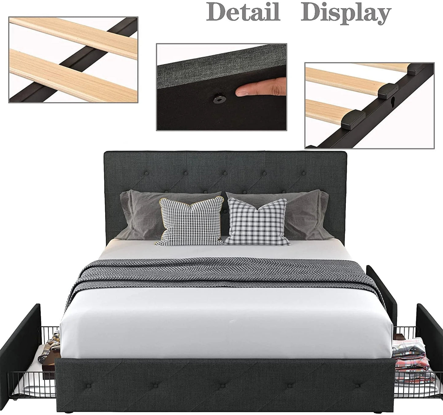 Allewie Queen Platform Bed Frame with 4 Drawers Storage and Headboard, Diamond Stitched Button Tufted Upholstered Mattress Foundation with Wood Slat Support, Dark Grey