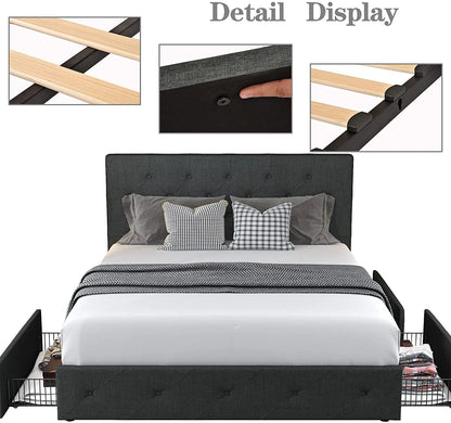 Allewie Queen Platform Bed Frame with 4 Drawers Storage and Headboard, Diamond Stitched Button Tufted Upholstered Mattress Foundation with Wood Slat Support, Dark Grey