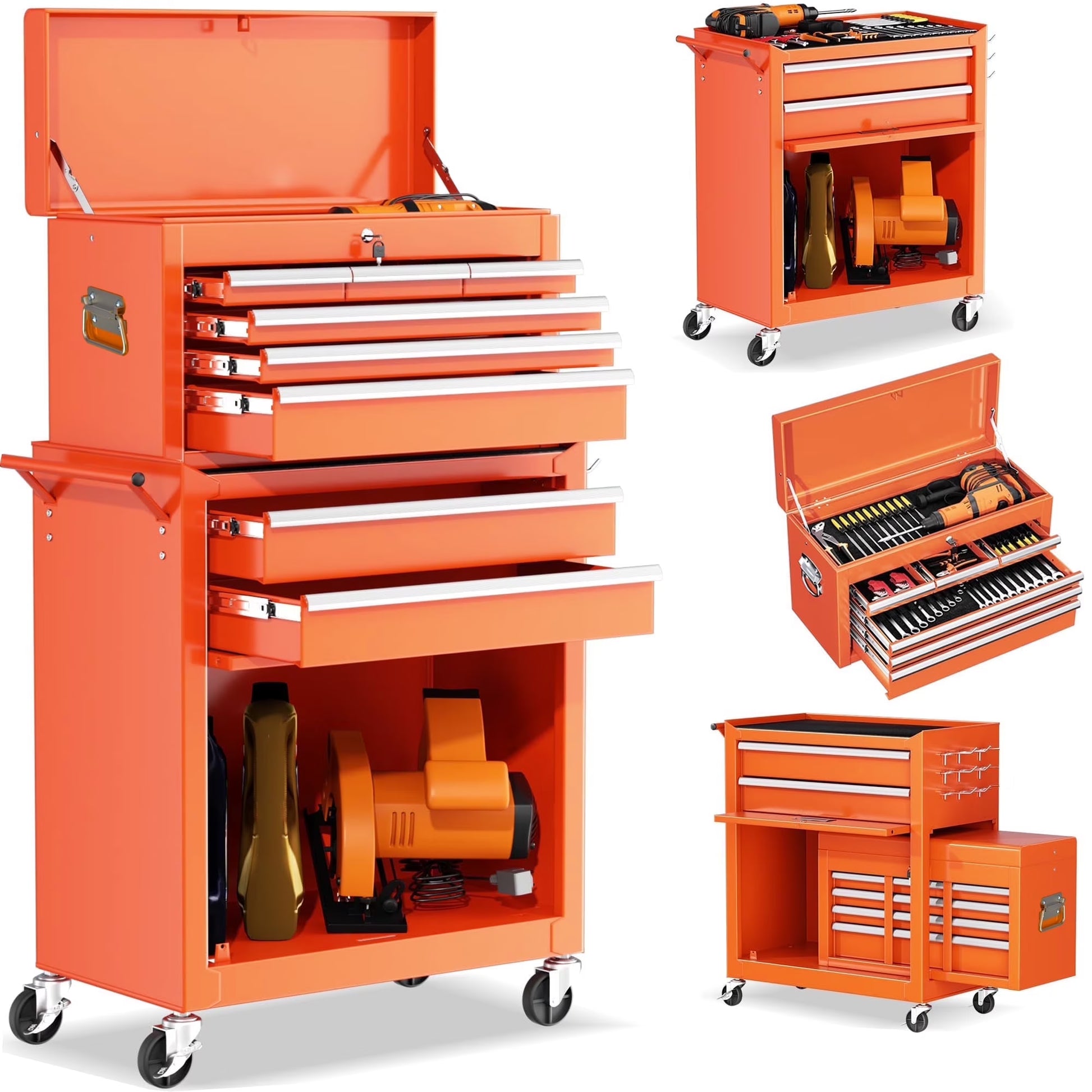 POVANLI High Capacity Rolling Tool Box with Wheels and 8 Drawers, Wheels Lockable, 2-IN-1 Tool Chest & Cabinet, Organizer, for Garages, Warehouses, Workshops, Repair Shops, Orange
