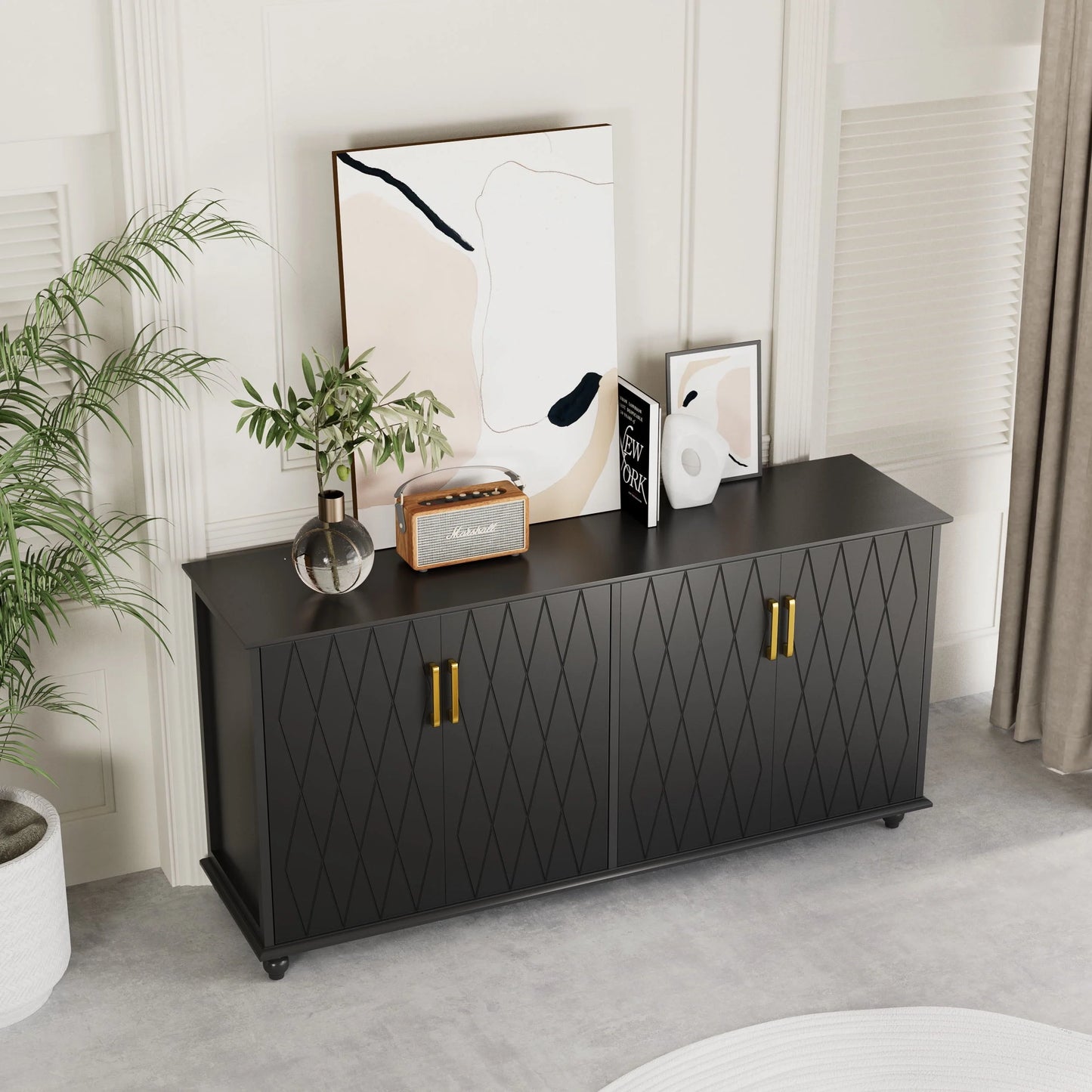 RULI Sideboard Buffet Cabinet Stand for Storage, 62 Inch Coffee Bar Cabinet with 4 Compartments, Kitchen Cupboard Console Table for Living Room, Dining Room, Black